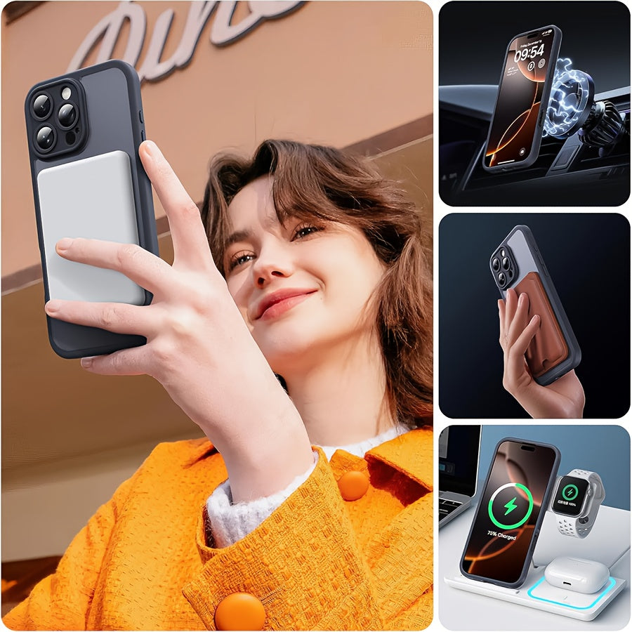 [Holiday Gift] Phone Case: Phone Case for iPhone 12/13/14/15/16 Plus/Pro/Pro Max - Magnetic Charging Compatible, Full Camera Protection, Drop-Resistant Matte Translucent Back Bumper Cover - Black, Gray, Blue - Holiday Gift - Screen Protectors