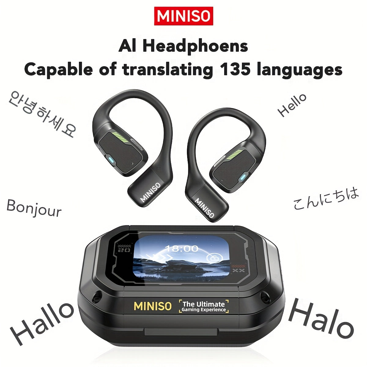 MINISO M98 AI Translation Wireless Earbuds Feature Open-Ear Design And Support for 135 Languages with Real-Time Translation. These Headphones Come with a Full-Color Display, Touch Screen, And Gaming Headset Capabilities