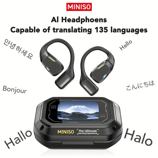 MINISO M98 AI Translation Wireless Earbuds Feature Open-Ear Design And Support for 135 Languages with Real-Time Translation. These Headphones Come with a Full-Color Display, Touch Screen, And Gaming Headset Capabilities