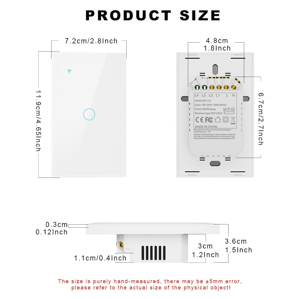 Premium Scratch-Resistant Glass Smart Wall Switch, WiFi + Bluetooth Touch Screen Light Switch (1-4 Gang), Voice Control, 600W/Gang (Neutral Required)