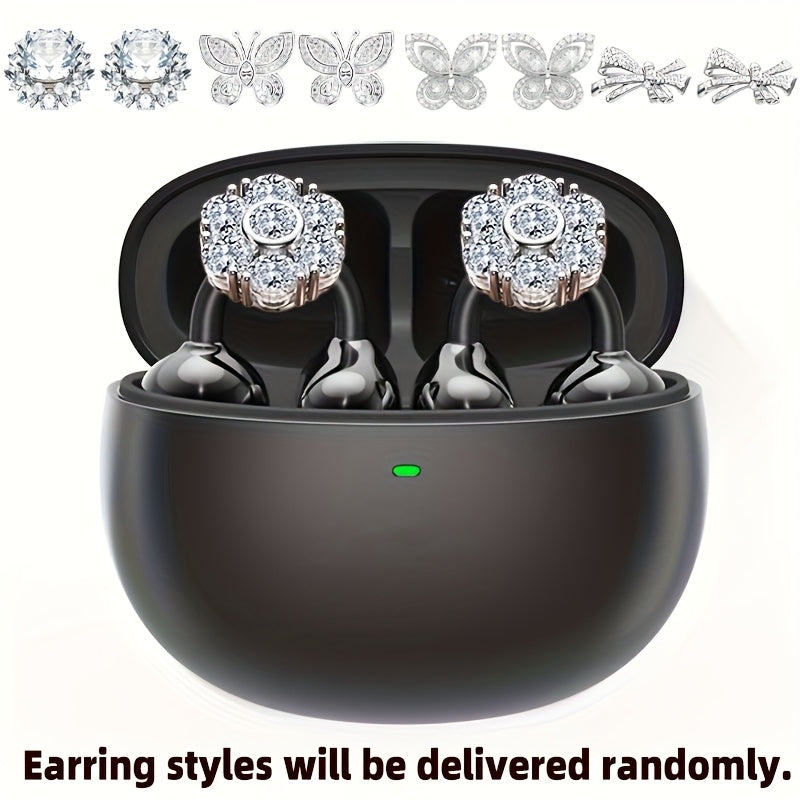 Clip On Earbuds, Open Wireless Earphones, With Detachable Beautiful Synthetic Gemstonestone Earrings, HD Stereo Sound, ANC Noise Reduction, Hands-Free Call, Designed For Exercise/ Sports/ Work/ Study/ Outdoors, Compatible With All Smartphones