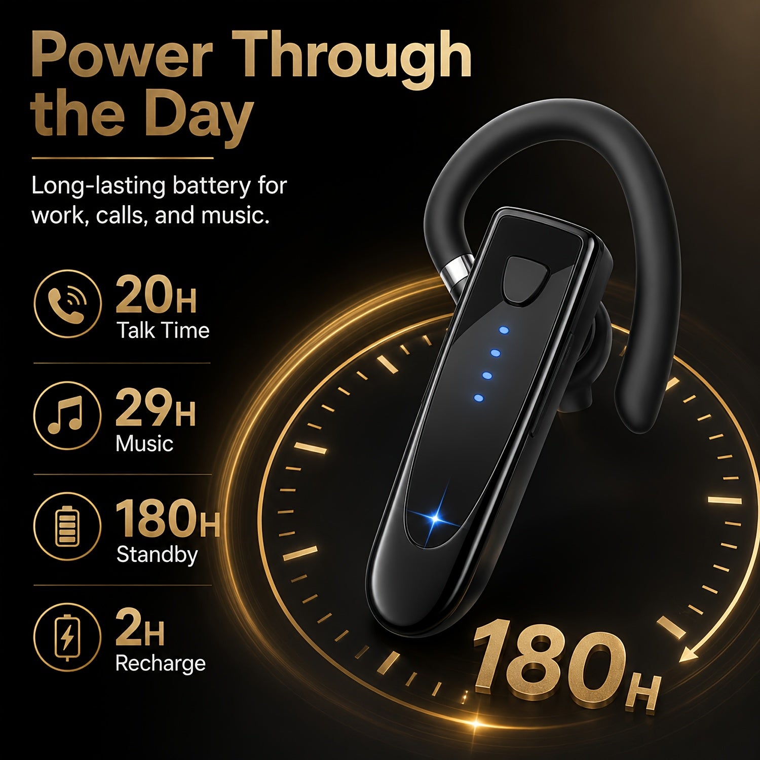 Wireless Bluetooth Headset, 29 Hrs Playback 180 Hrs Standby Handsfree Earpiece with Mic for Trucker Driver Office, Connect 2 Devices for iPhone Android Samsung Laptop