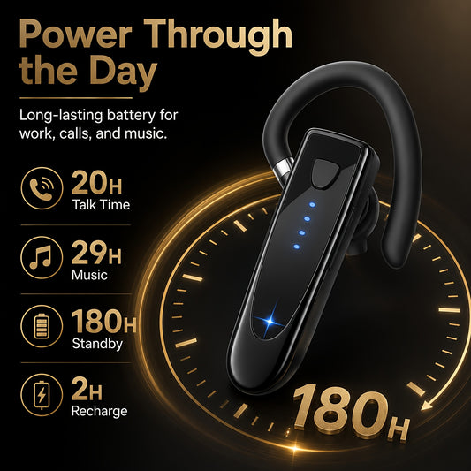 Wireless Bluetooth Headset, 29 Hrs Playback 180 Hrs Standby Handsfree Earpiece with Mic for Trucker Driver Office, Connect 2 Devices for iPhone Android Samsung Laptop