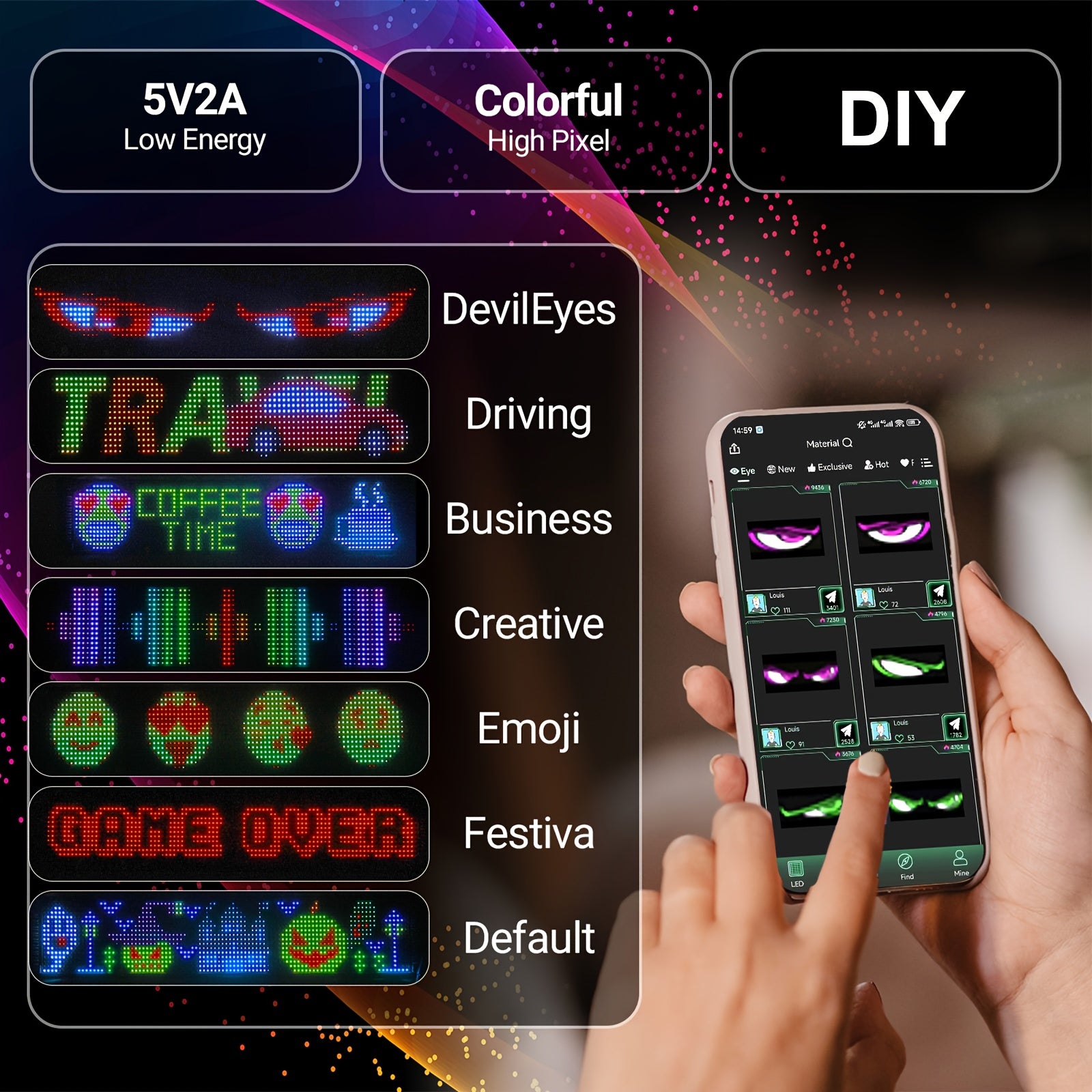 Programmable Flexible LED Display | Colorful Pixel Wall Art, App Control, Text and Pattern, Suitable for Store Signage, Car Window Decoration, Game Room Lights | Wall Mount, USB Powered, Non, Timer and Dimmable Features