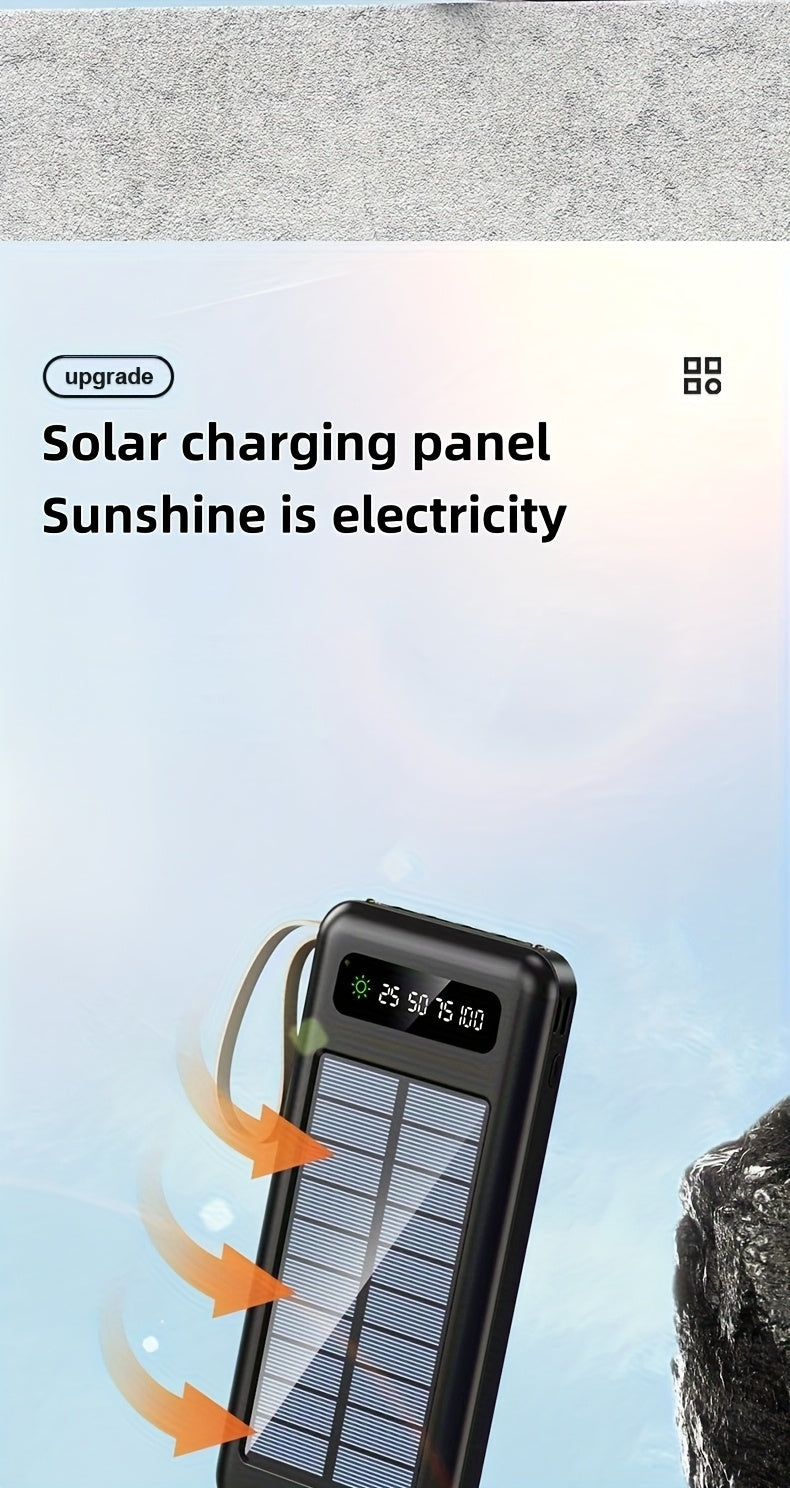 10000/20000/30000mAh 5W Slow Charging/15W Fast Charging Multifunctional Solar Power Bank With Ultra-bright LED Light, Large Capacity Rechargeable Portable Mobile Phone Charger Built-in 4 Cables Digital Display Dual Usb Port USB-C Input