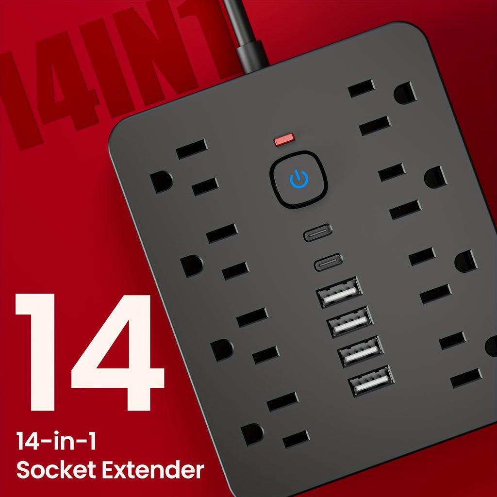 1pc 14-In-1 Multi-Outlet Power Strip with Surge Protection, 8 AC Outlets, 4 USB-A Ports, 2 USB-C Ports, 5/10Ft Extension Cord, Flat Plug, Wall Mount, Overload Protection, Power Outlet Surge Protector - Ideal for Home And Office Desktop Charging