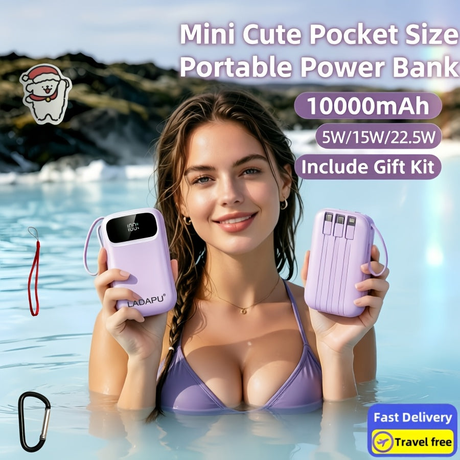 10000mAh Pocket Size Mini Cute 5W Slow Charging/15W Fast Charging/22.5W Super Fast Charging Portable Cartoon Power Bank, Small Size Large Capacity High Appearance, Built-with 3 Cables, High-Speed Rechargeable Battery, Travel Must Have, for iPhone
