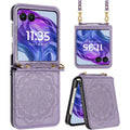 For Motorola Razr 2024 / Motorola Razr+ Plus 2024 Phone Case, Flower Embossed Floral Henna Mandala Design PU Leather Strap Lanyard Hybrid Protective Cover