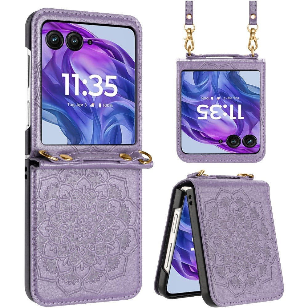 For Motorola Razr 2024 / Motorola Razr+ Plus 2024 Phone Case, Flower Embossed Floral Henna Mandala Design PU Leather Strap Lanyard Hybrid Protective Cover