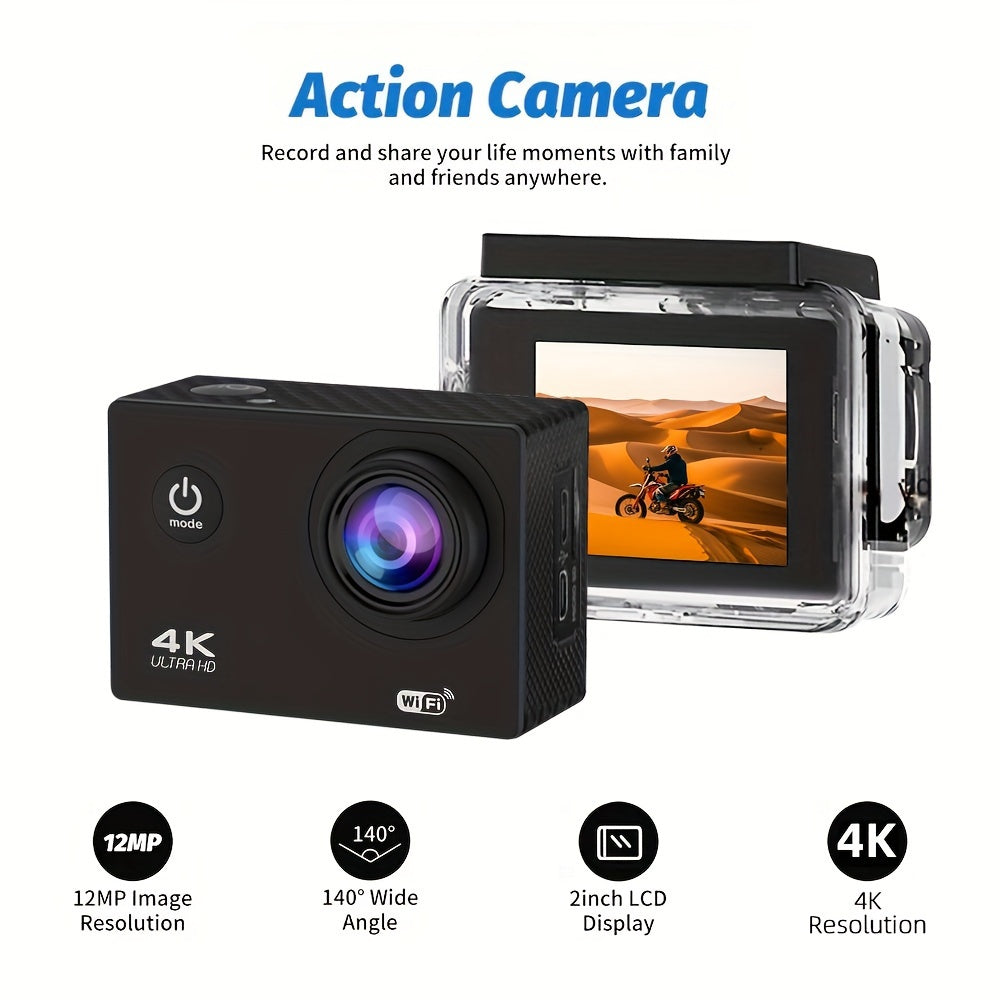 4K WIFI Action Camera: Unleash Your Visual Creativity with 170° Ultra-Wide Angle, Crisp 2" Display, And Ample 32GB Memory. Paired with A Remote Control Accessory Kit for Ultimate Convenience. Father's Day Gift, Capture And Share Unforgettable Moments!