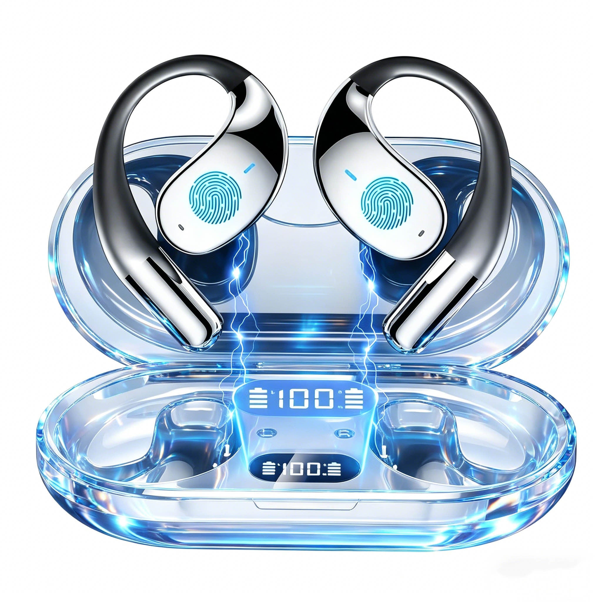 Wireless Bone Conduction Headphones Bluetooth 5.4, Open Ear Sports Earbuds with 80H Battery & LED Display, Stereo Bass Noise Cancelling Mic, Ideal Father's Day Gift for, Independence Day Gift