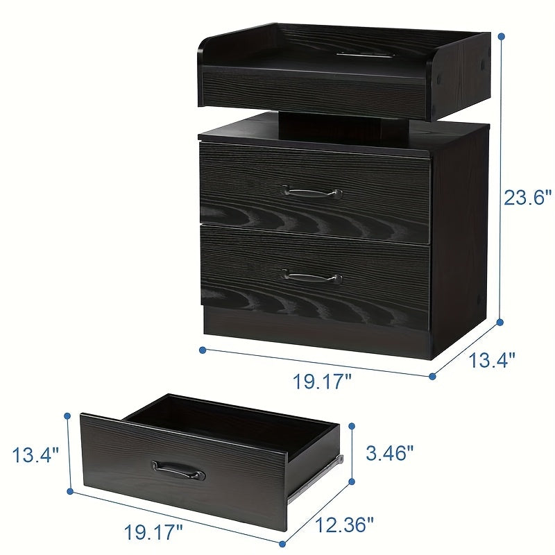 Modern LED Bedside Table with Charging Station, Wooden Bedside Table with Fabric Drawers And Blue LED Lighting, Stylish Bedroom Or Living Room End Table, Ambient Lighting Furniture with Fashionable Design And Multifunctional Drawer Design Gifts.