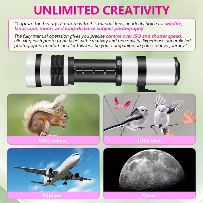420-800mm F8. 3-16 Telephoto Zoom Lens(Mf) + T-Mount for Canon & for Nikon & for Sony Mount, Very Suitable for Outdoor Shooting, Moon Photography