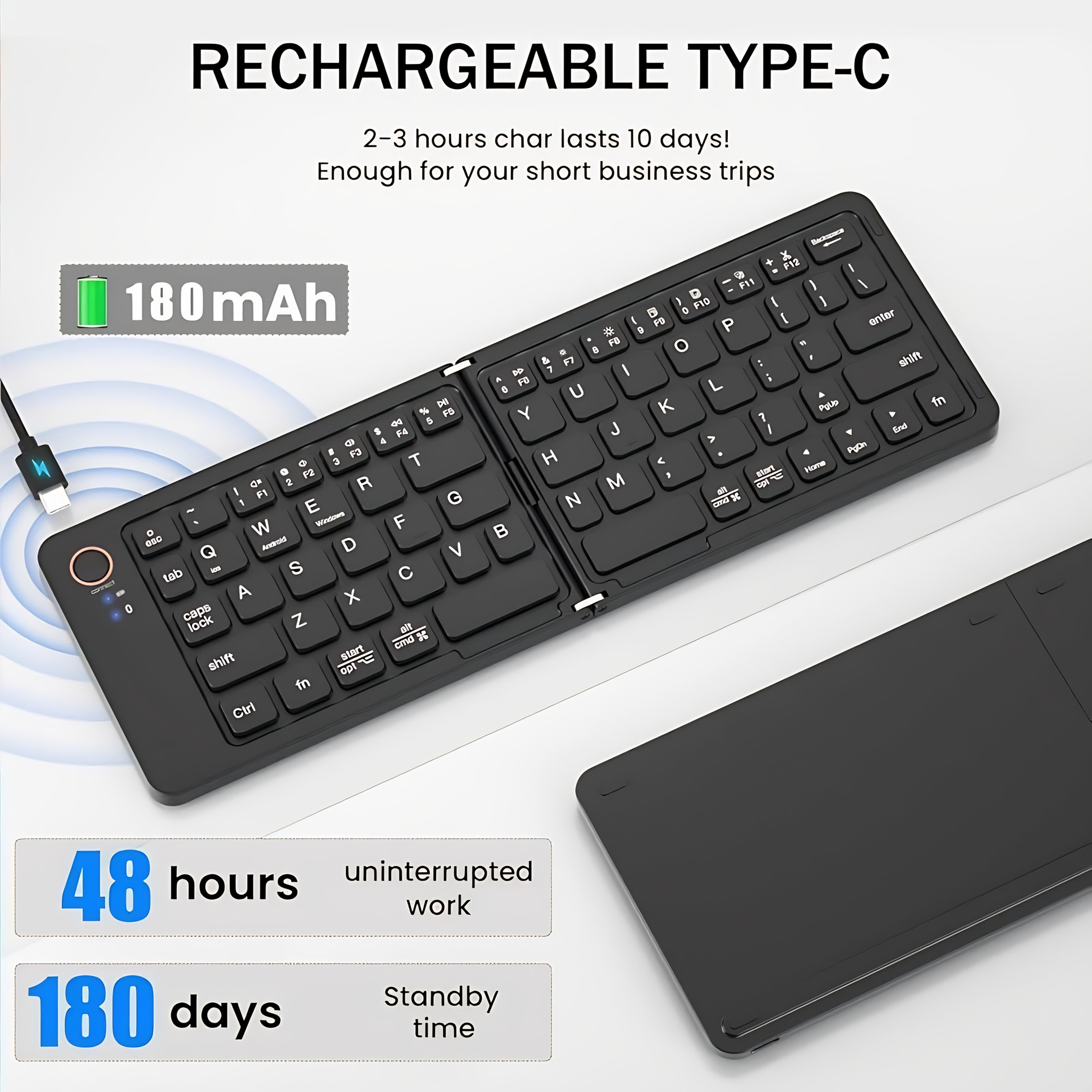 Ultra-thin Wireless Foldable Keyboard, Rechargeable Magnetic 7.3mm Ultra Slim and Compact Keyboard with Media Hotkeys for Computer Desktop PC Laptop Smart TV