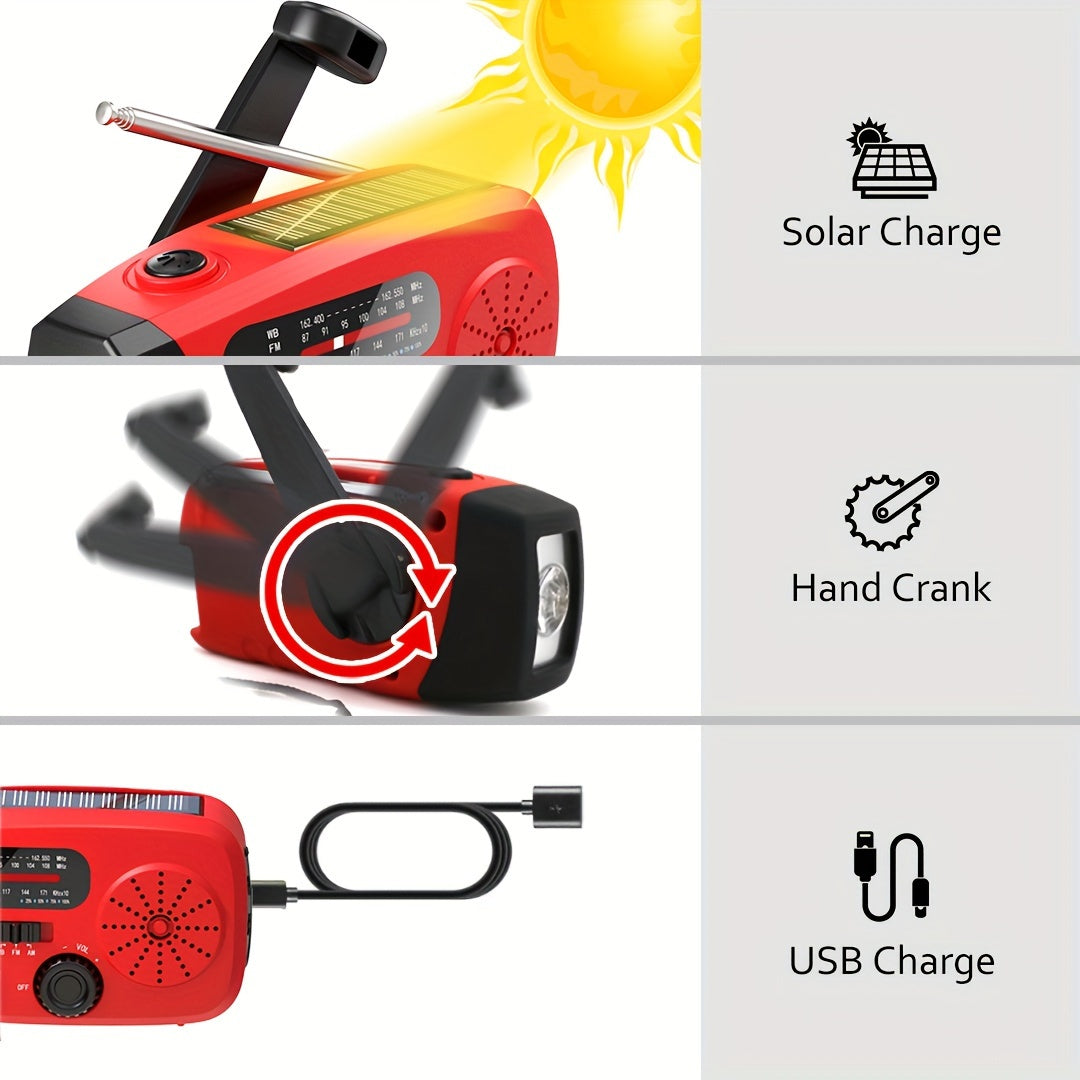 Emergency Radio: Solar-Powered, Power Bank, Hand Crank, AM/FM NOAA Portable Weather Radio, 2000mAh Mobile Power, USB Charging, Solar, With LED Flashlight, Hurricane, Survival Gear, Winter Storm