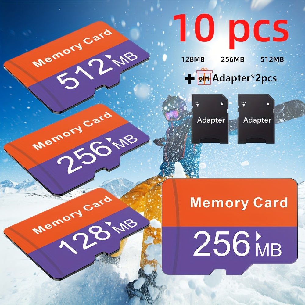 Set of 10 SD Cards with Capacities of 256MB, 128MB, And 512MB, Including Adapters. These High-Speed Flash Memory Cards Are Compatible with Tablets, Cameras, Phones, Laptops, Pcs, Car Stereos, Game Consoles