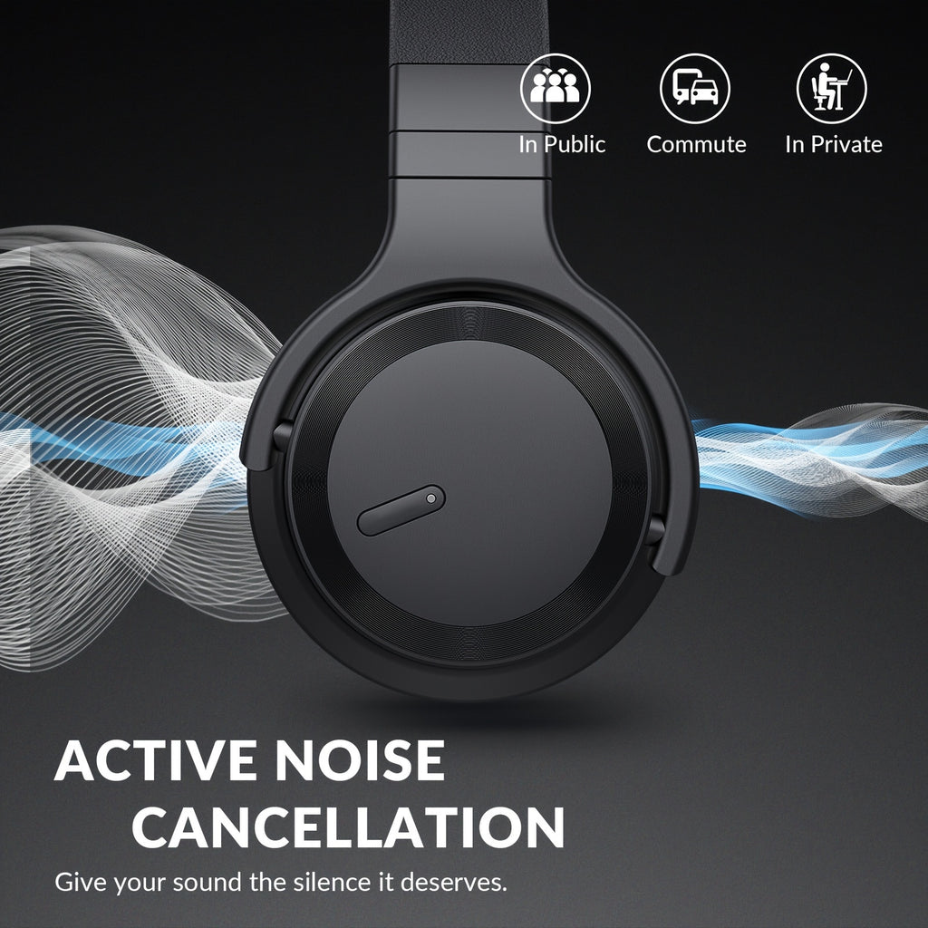 Active Noise Cancelling Headphones Wireless Headphones with Rich Bass, Clear Calls, 30 Hours Playtime, Comfort Fit, Black