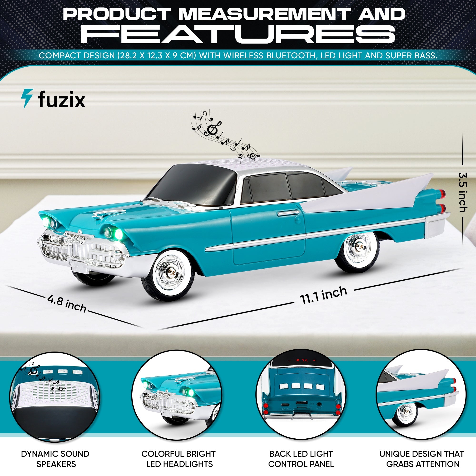 Fuzix WS-1965 Car Bluetooth Portable Speaker, Retro Car-Style Wireless Stereo Speaker with LED Headlights and Taillights, AUX/USB/TF/FM Radio Playback, Rechargeable Battery, High-Power Clear Sound, Multiple Playback Modes, Perfect Festival Gift, Ideal for