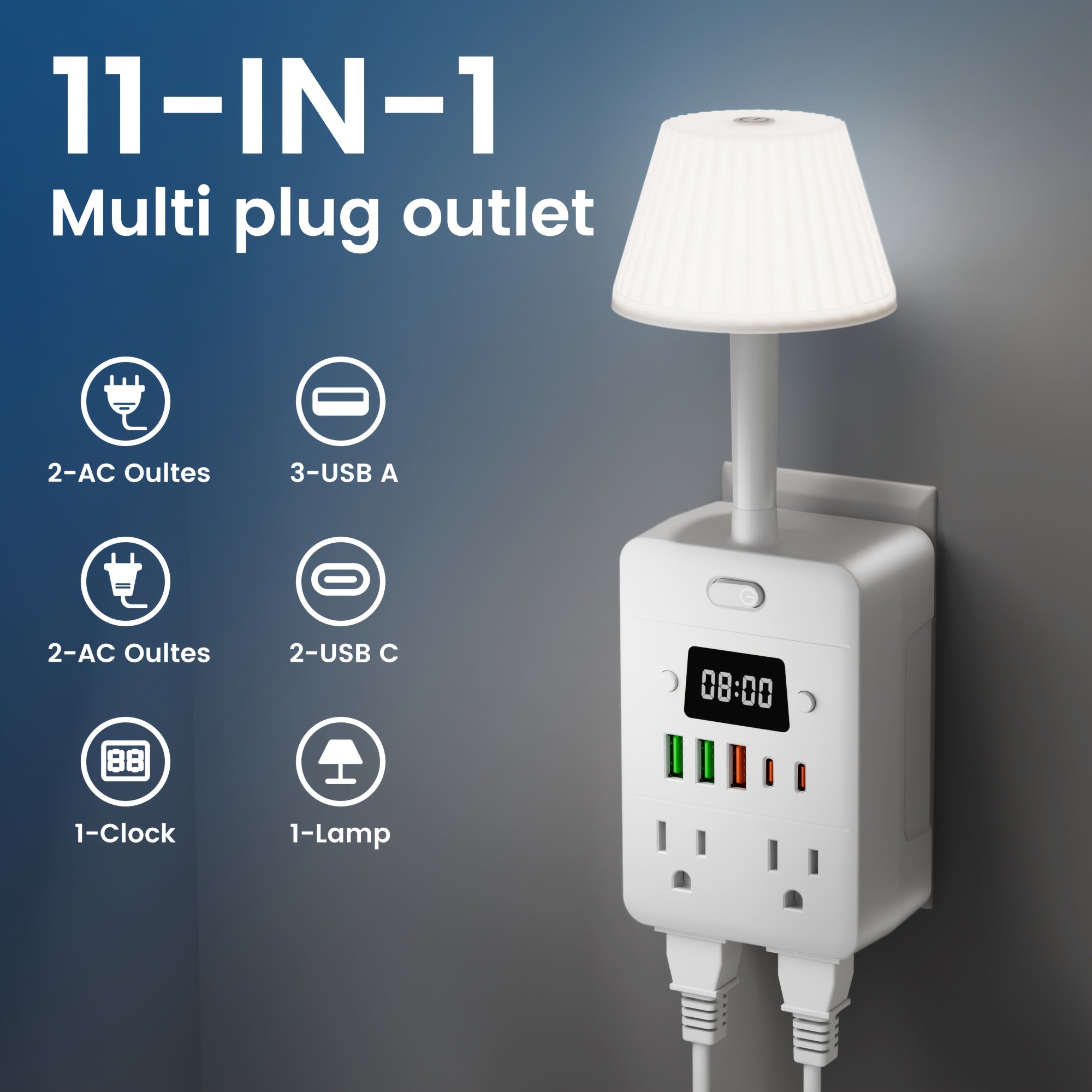 11-In-1 Multifunctional Power Strip with Built-In Overload Protection. 1 Desk Lamp, 1 Digital Display Clock, 4 Power Outlets, 3 USB-A And 2 USB-C. Power Extender, Power Outlet Converter, Wall-Mountable Desktop Charging Station for School, Home