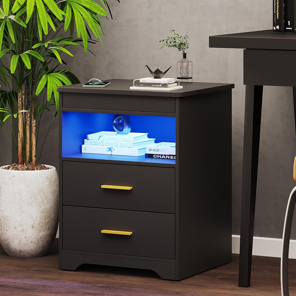 Modern Bedroom Nightstand with Hidden Drawer | 16-color Adjustable LED, Charging Station, And Open Storage, Black/white