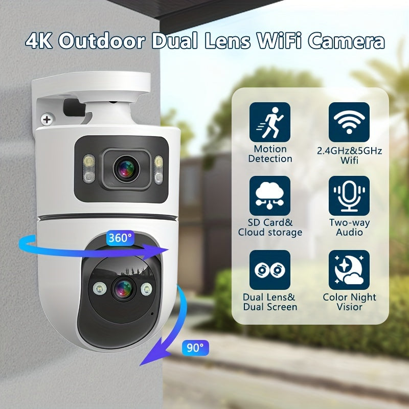 2.4G&5GHz Wireless WiFi, 4K Outdoor with Dual Lenses Security Camera, Rain-proofRotating, Night Vision, Dynamic Detection, Two-Way Call, Wifi Connectivity - Imagery & Christmas Halloween Decorations, Thanksgiving Day Gift, Cameras for Home Security.