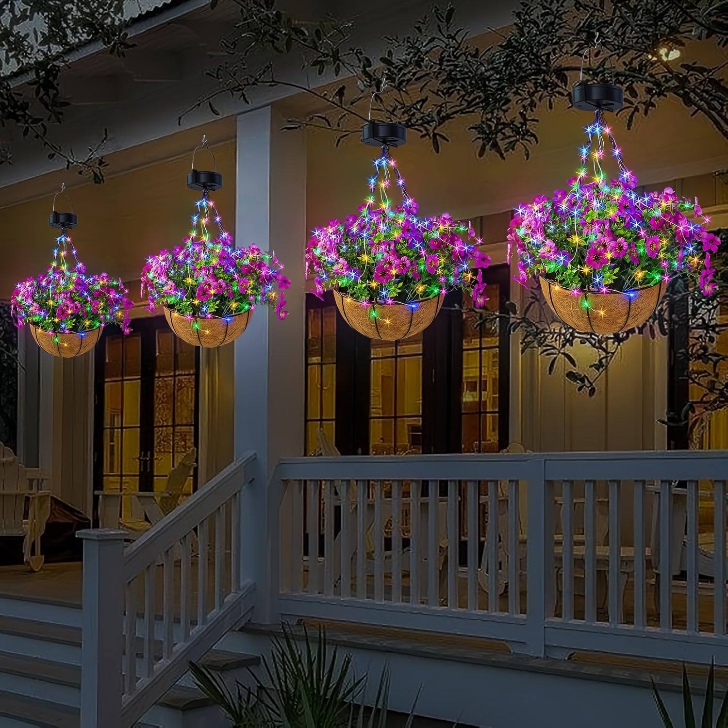 Solar Hanging Flower Basket Lights, Artificial Flowers with Solar RGB String Lights 10 Inch Coconut Hanging Flower Basket with Artificial Pink/Purple/Orange Flowers for Patio Lawn Garden Decorative Lights