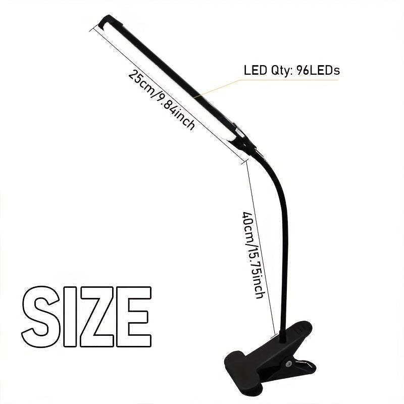 A Clip-On LED Desk Lamp Suitable for Home Office Use, Offering Three Lighting Modes And Ten Brightness Settings, with a Long Flexible Gooseneck And Swing Arm for Focused Lighting, Powered by USB, in Black Color