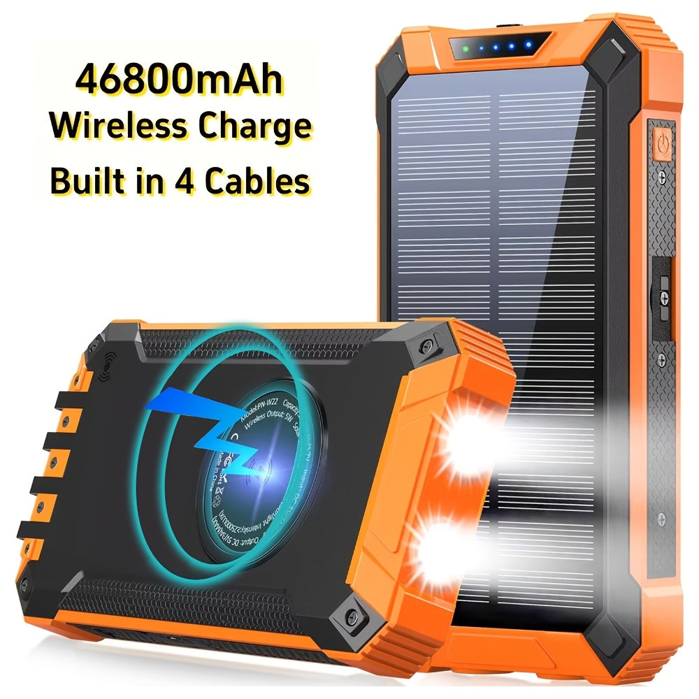 46800mAh Solar Charger Solar Power Bank Wireless Charging, with 4 Built-in Cables 15W Fast Charging External Battery Pack with USB C for Cell Phones, Solar Panel Charger with Dual Flashlight Perfect for Camping, Hiking for Outdoor Lovers