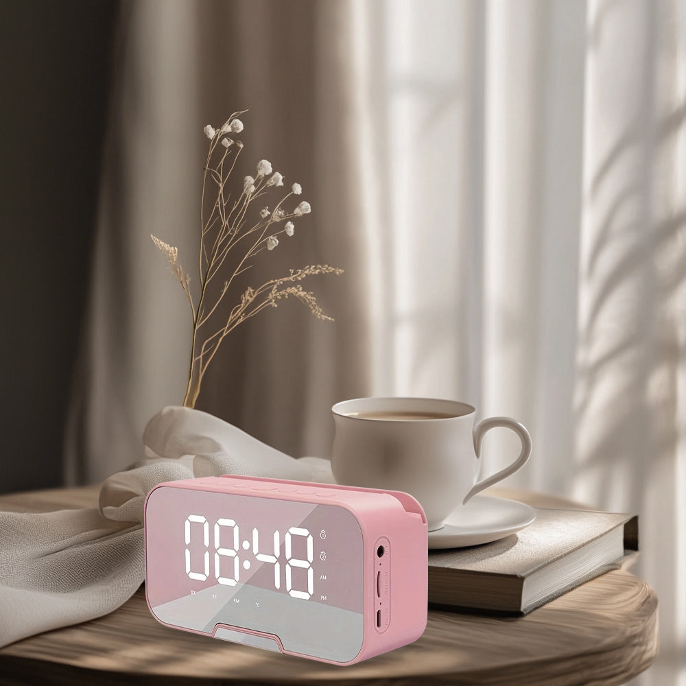 Compact Pink Portable Speaker, FM Radio, LED LCD Mirror, Wireless Microphone, Wireless Connection, USB Charging, High Quality Audio, TF Card, Adjustable Volume And Brightness. Suitable for Easter, Birthday Gifts, Mini Wireless Alarm Clock Speaker