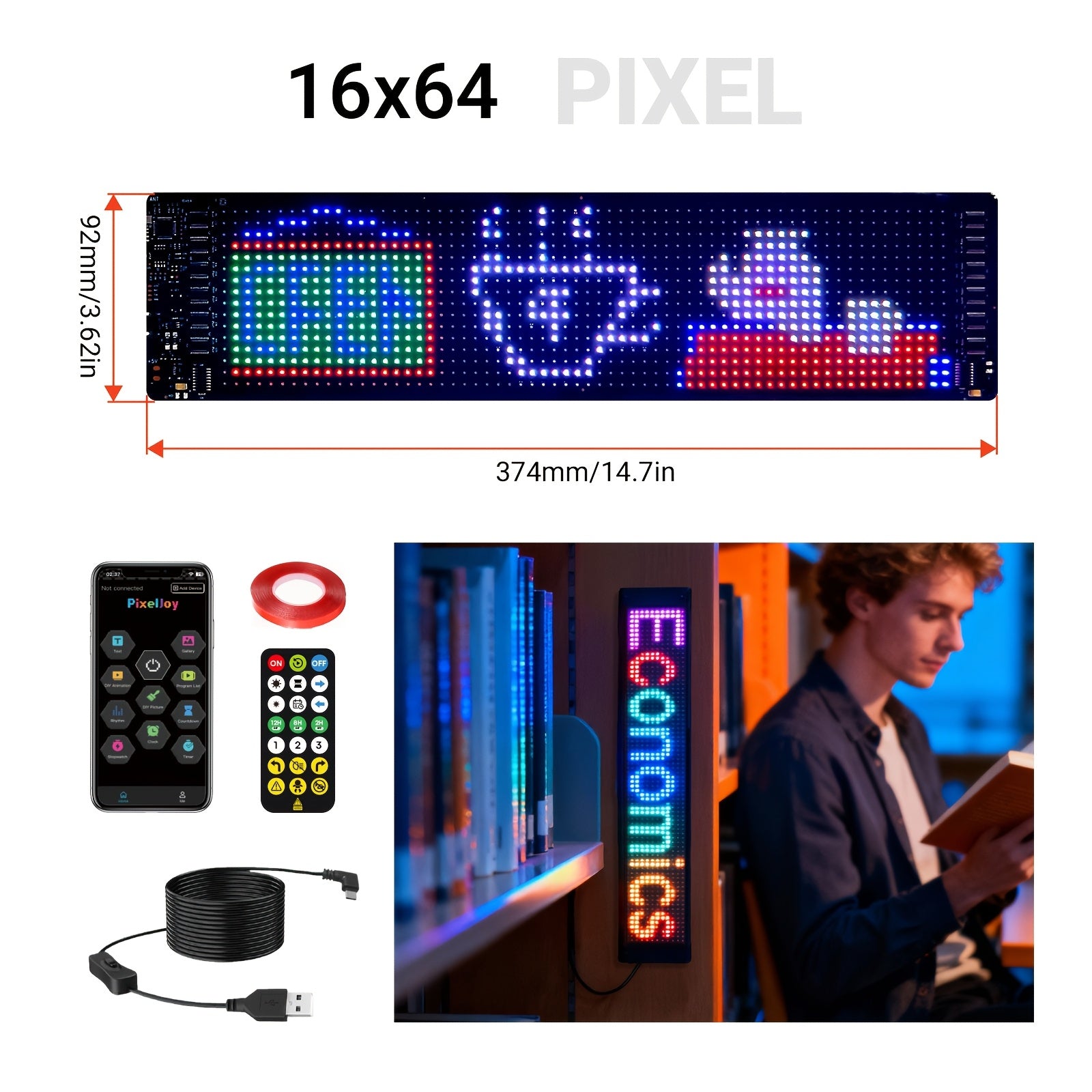 [Christmas Decorations] 1pc 16*32/16*64/16*96/16*144 LED 5V LED Fun Display, Devil's Eye Flexible LED Screen with App & Remote Control, Support DIY Text/Picture/Gif, Cable for Store/Car/Riding Fun Interactive Screen, Christmas Decorations