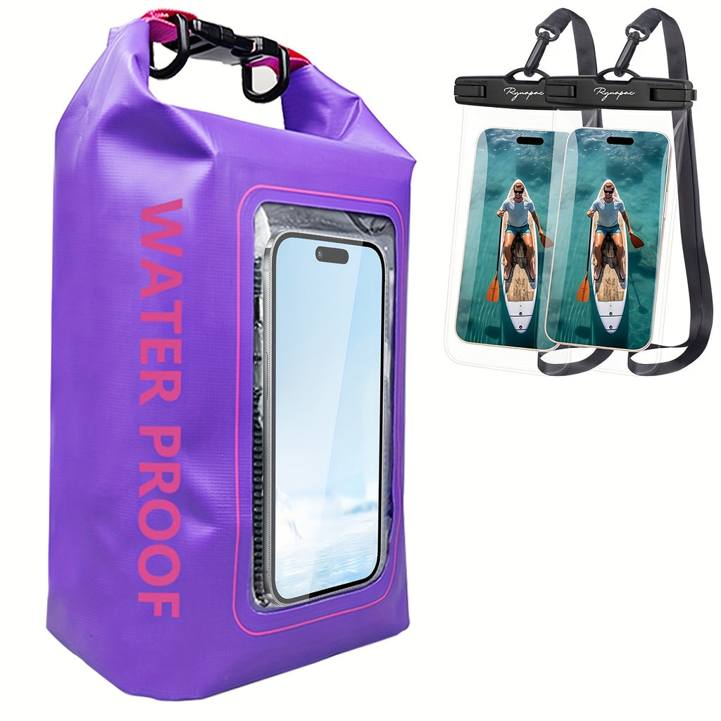 3pcs Waterproof Dry Bag - Roll Top Waterproof Backpack W/ Phone Case/ Pouch - Boating & Kayak Accessories - Essentials For Camping Swimming Beach Fishing Rafting Travel