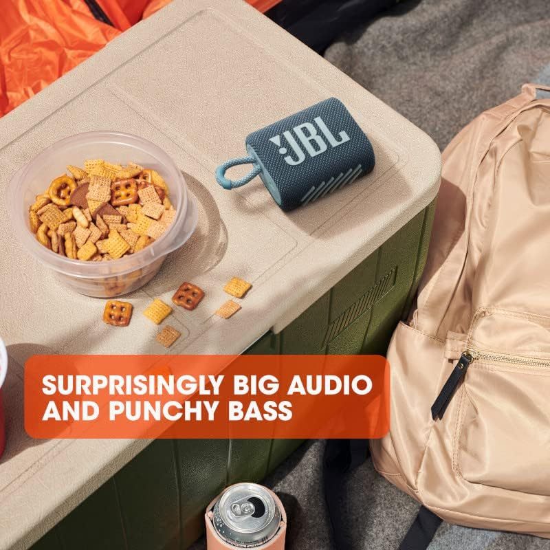JBL Go 3 Portable Mini Bluetooth Speaker – Big Audio & Punchy Bass in a Pocket-Size Design, IP67 Waterproof & Dustproof for Shower/Beach/Pool, Up to 5 Hours Playtime per Charge, Rugged Fabric & Durable Housing, Integrated Carry Loop, USB-C Fast Recharge,