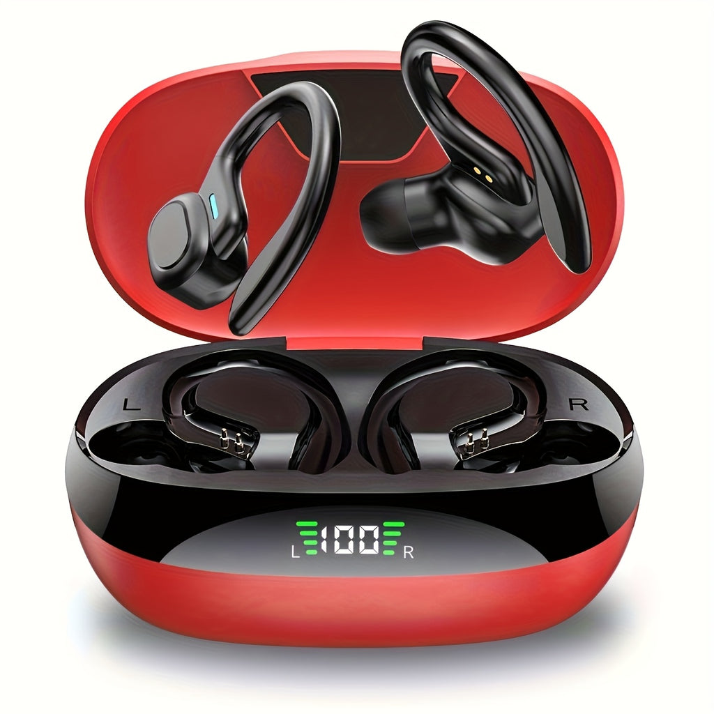 Open-Ear Wireless Earbuds 5.4, Wireless Sports Earphones with Built-In Microphone, Featuring Ear Hooks, 24 Hours of Playback Time, LED Display Charging Case, Suitable for Running And Fitness, in Black