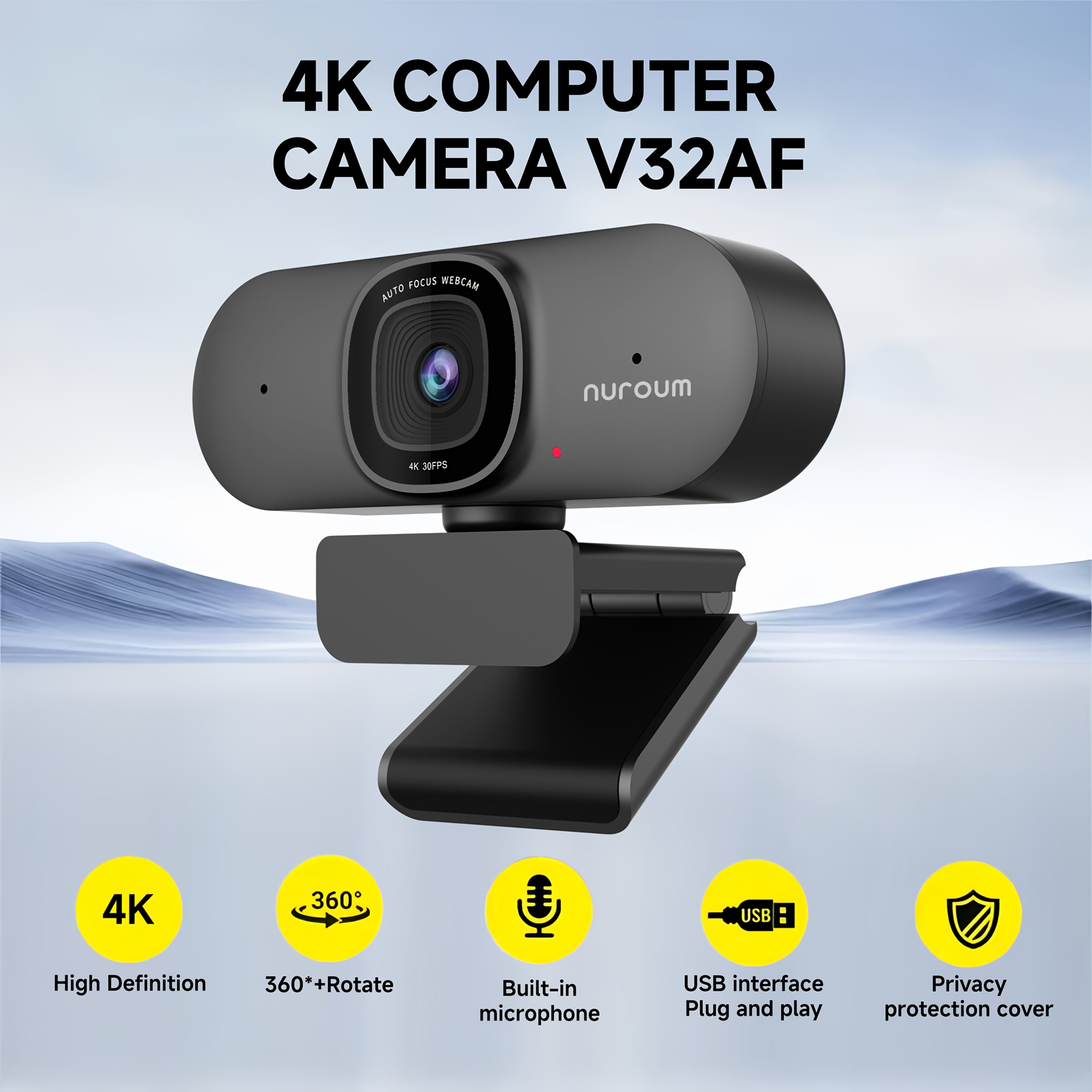 NUROUM 1080P/2K/4K Webcam with AI Auto Framing And True Autofocus Dual Noise Canceling Mics 90 Degree FOV Plug And Play for Zoom Meetings Gaming Home Office, V11/V15/V32