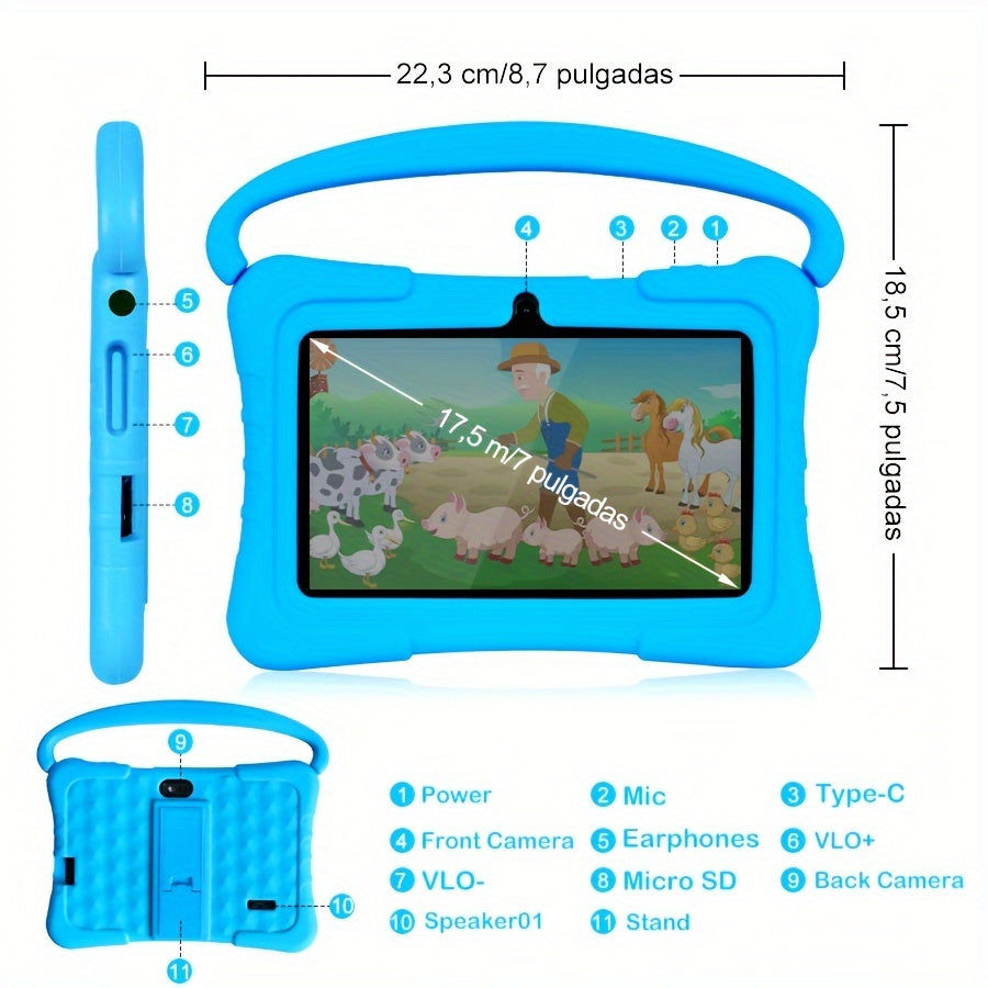 7 Inch Kids Tablet, 2GB RAM 32GB ROM Android 14, 2.4G WiFi, GMS, Eye Protection, Parental Control, Educational, Silicone Case