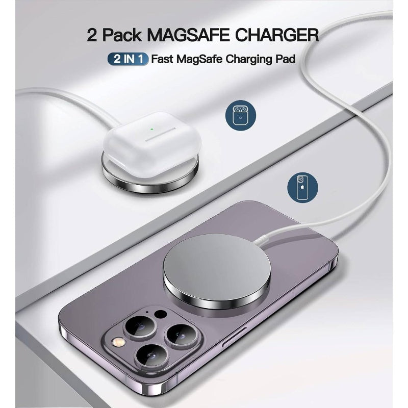 2-Pack Magnetic Wireless 15W Fast Charging Pad for Iphone 16 Pro/Plus, 15, 14, 13, 12, 11, XR, XS, SE (2022) - Qi, Slim Compact, Compatible with Lightning & -C Cables, No Adapter Needed