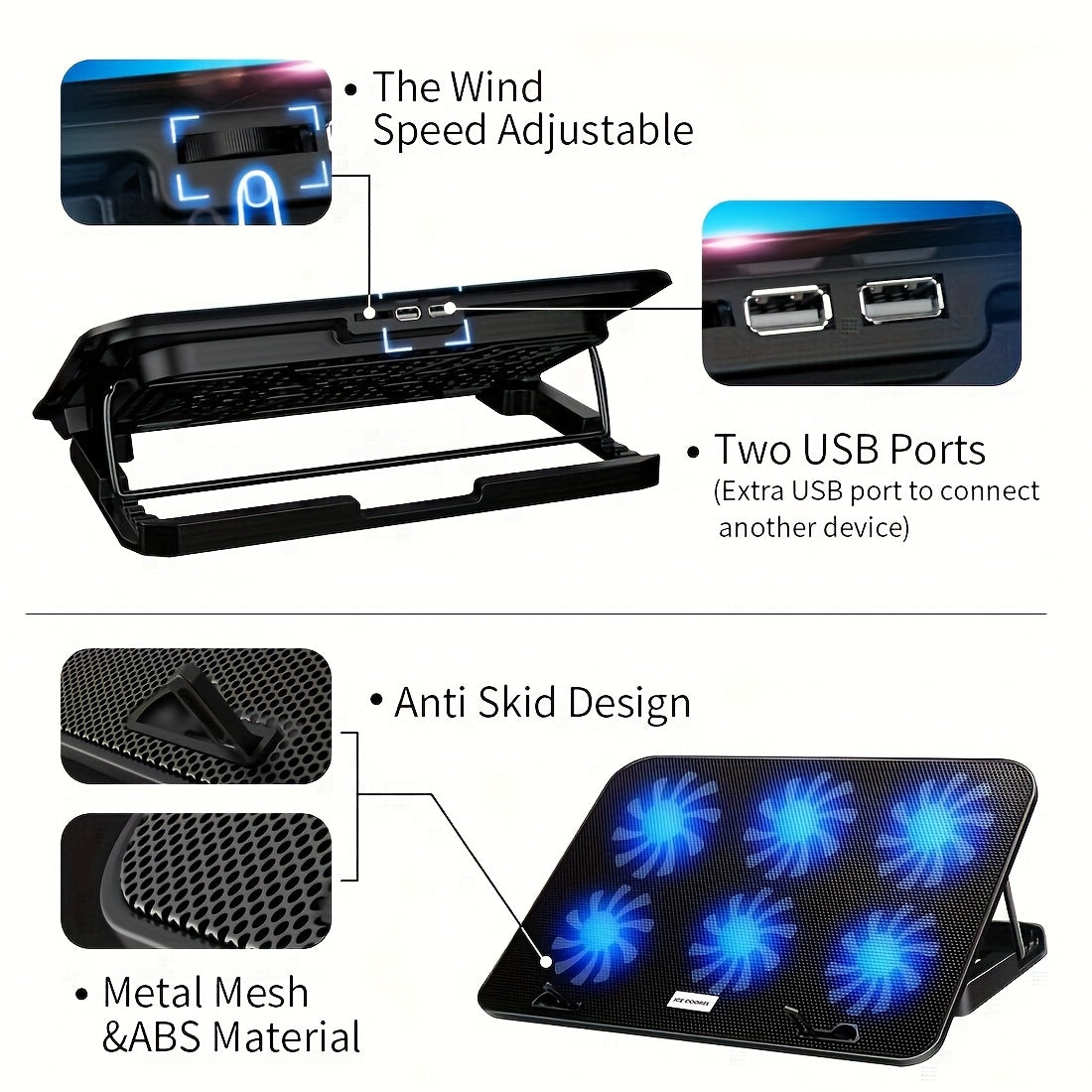 ICE COOREL Gaming Laptop Cooling Pad with 6 Cooling Fans, Suitable for 12-17.3 Inch Laptops, Laptop Cooler Stand with 5 Adjustable Heights And 2 USB Ports.