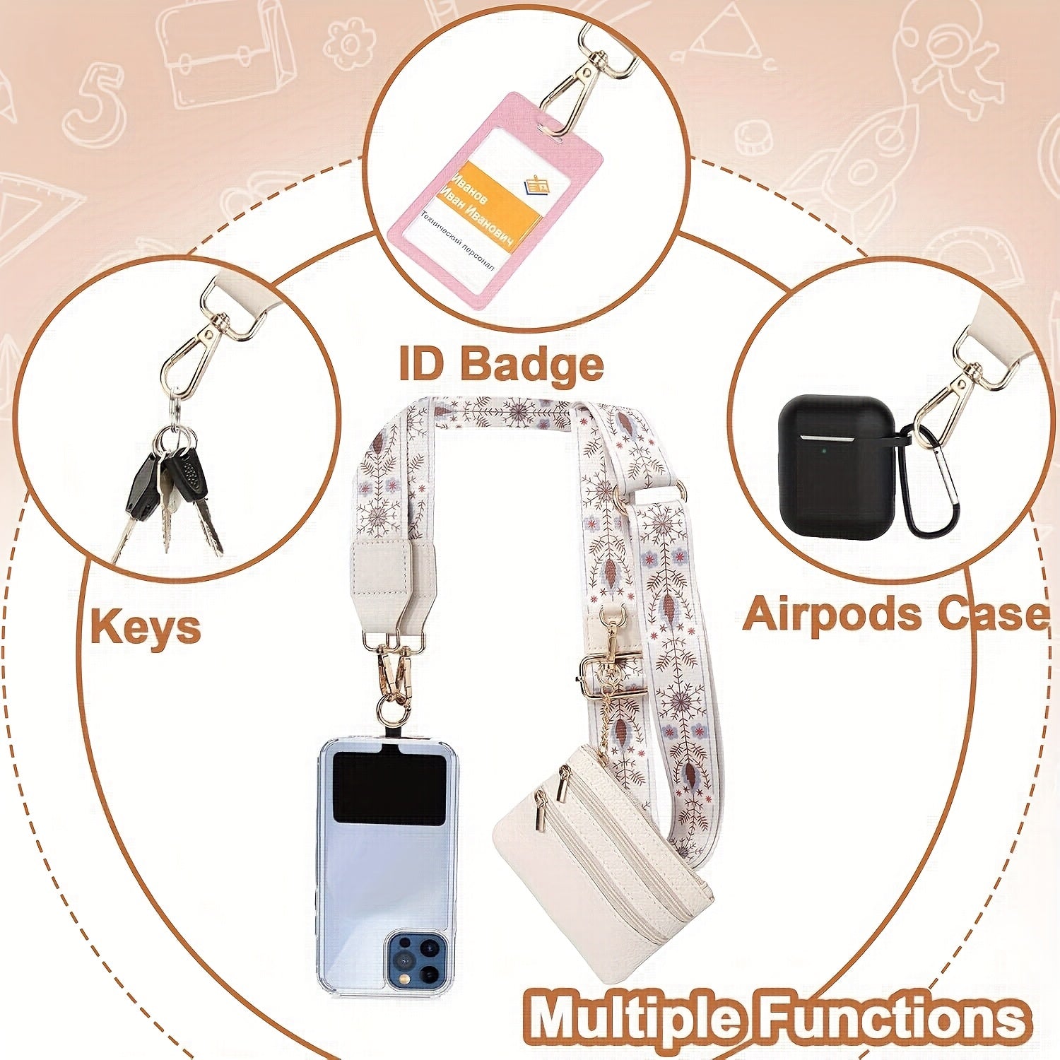 Phone Lanyard, Adjustable Phone Strap with Zipper Pouch, with Beaded Phone Charm Lanyard, Universal Cell Phone Crossbody Compatible with Most Smartphones