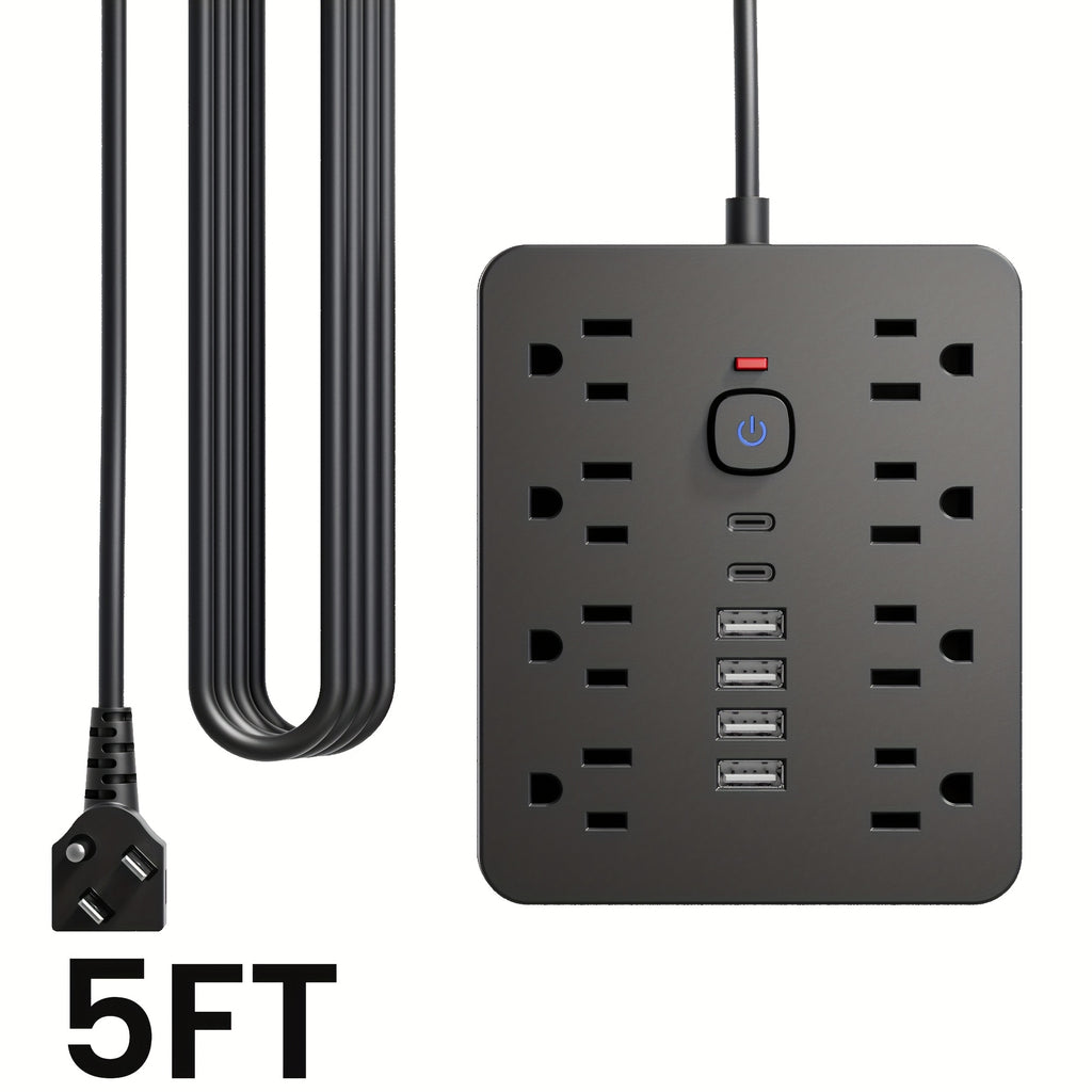 1pc 14-In-1 Multi-Outlet Power Strip with Surge Protection, 8 AC Outlets, 4 USB-A Ports, 2 USB-C Ports, 5/10Ft Extension Cord, Flat Plug, Wall Mount, Overload Protection, Power Outlet Surge Protector - Ideal for Home And Office Desktop Charging