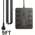 1pc 14-In-1 Multi-Outlet Power Strip with Surge Protection, 8 AC Outlets, 4 USB-A Ports, 2 USB-C Ports, 5/10Ft Extension Cord, Flat Plug, Wall Mount, Overload Protection, Power Outlet Surge Protector - Ideal for Home And Office Desktop Charging