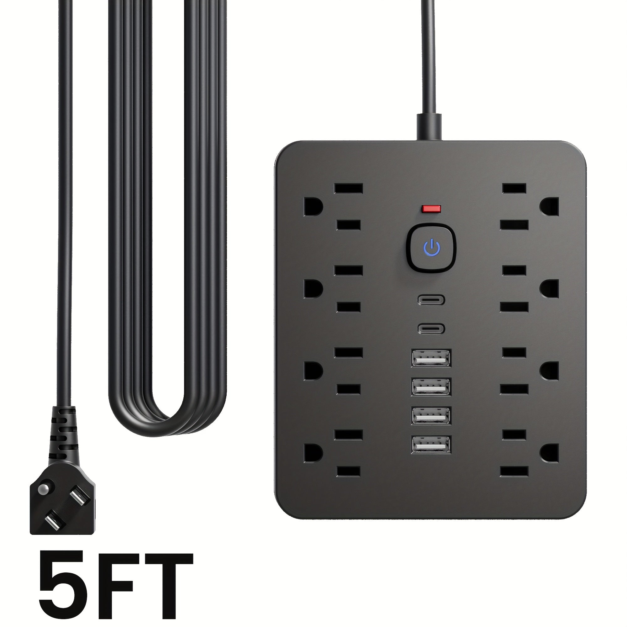 1pc 14-In-1 Multi-Outlet Power Strip with Surge Protection, 8 AC Outlets, 4 USB-A Ports, 2 USB-C Ports, 5/10Ft Extension Cord, Flat Plug, Wall Mount, Overload Protection, Power Outlet Surge Protector - Ideal for Home And Office Desktop Charging