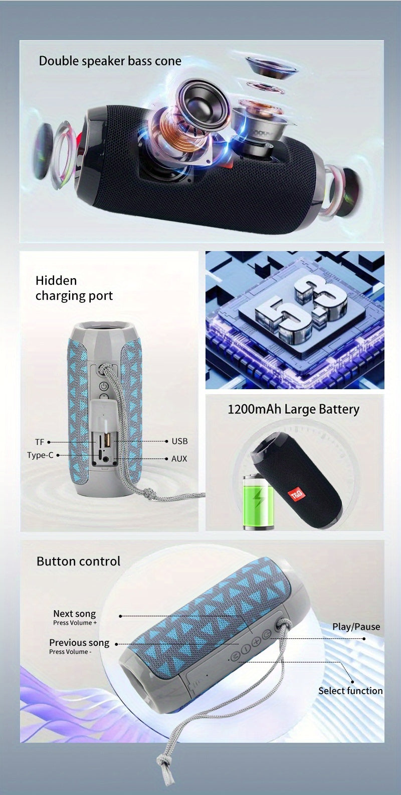 TG117 Portable Wireless Speaker - 10W High Definition Sound with Strong Bass | 1200Mah Battery | IPX4 | 33Ft Wireless Range | Hands-Free Calling | Multiple Playback Options (TF Card/Usb/Wireless/Aux) | Compact Design with Carry Strap | Ideal for Out