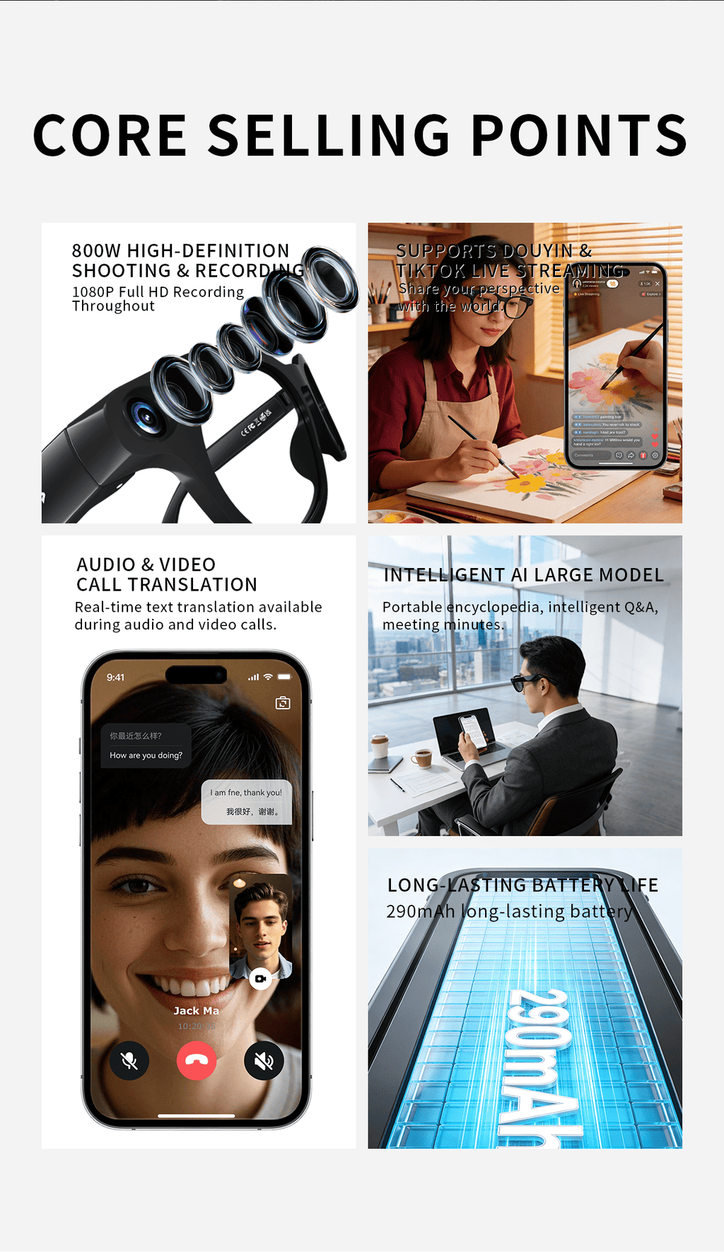 2026 AI Smart Glasses Camera 8MP HD Video Recording Glasses with Audio, Real-Time Translation, Bluetooth Call & Music, AI Object Recognition, Touch Control, Wearable Camera Glasses for Men Women Travel Outdoor