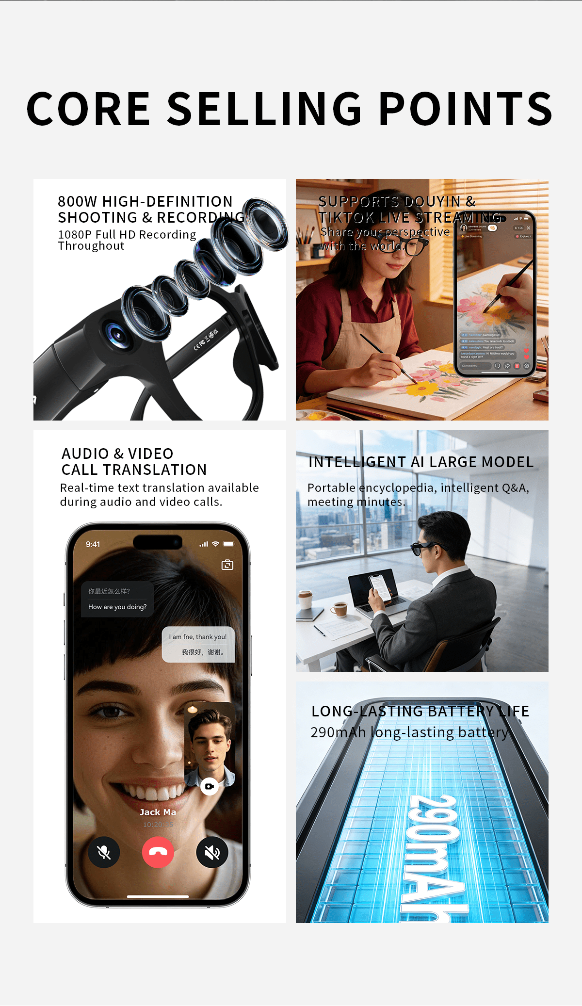 2026 AI Smart Glasses Camera 8MP HD Video Recording Glasses with Audio, Real-Time Translation, Bluetooth Call & Music, AI Object Recognition, Touch Control, Wearable Camera Glasses for Men Women Travel Outdoor
