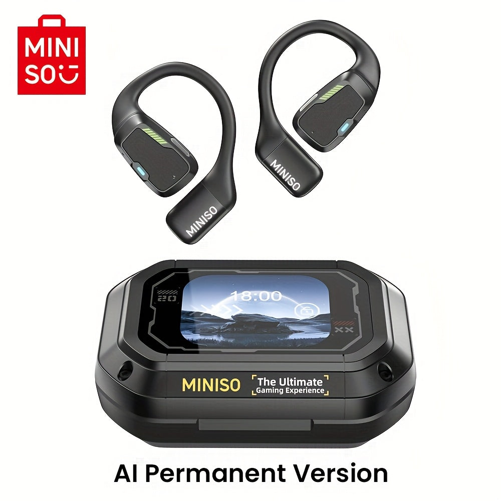 MINISO M98 AI Translation Wireless Earbuds Feature Open-Ear Design And Support for 135 Languages with Real-Time Translation. These Headphones Come with a Full-Color Display, Touch Screen, And Gaming Headset Capabilities
