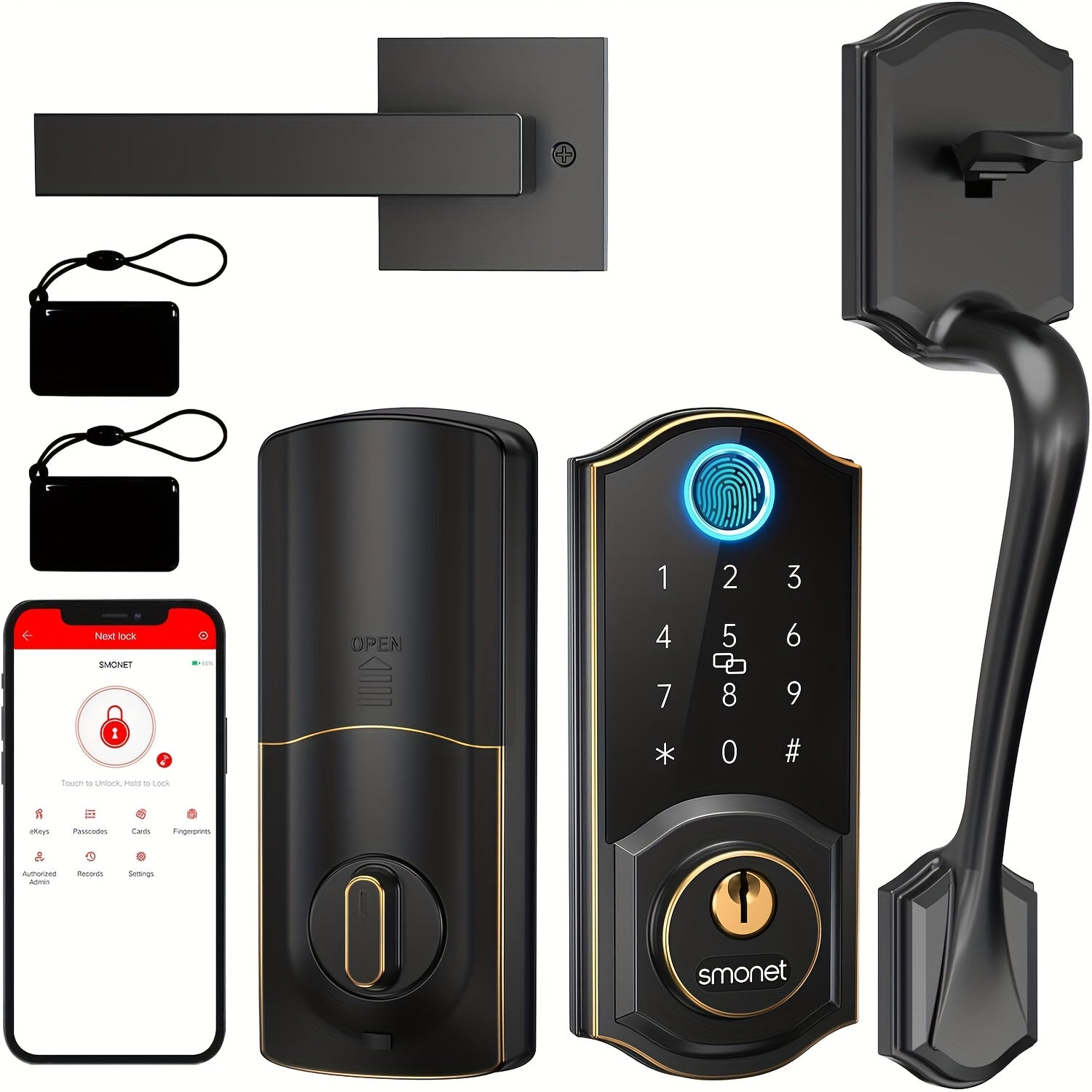 SMONET Smart Front Door Lock Set Keyless Entry Door Lock with Handle Fingerprint Smart Deadbolt Bluetooth Electronic Digital Keypad Lock Phone APP Auto Lock for Home Office Airbnb Hotel
