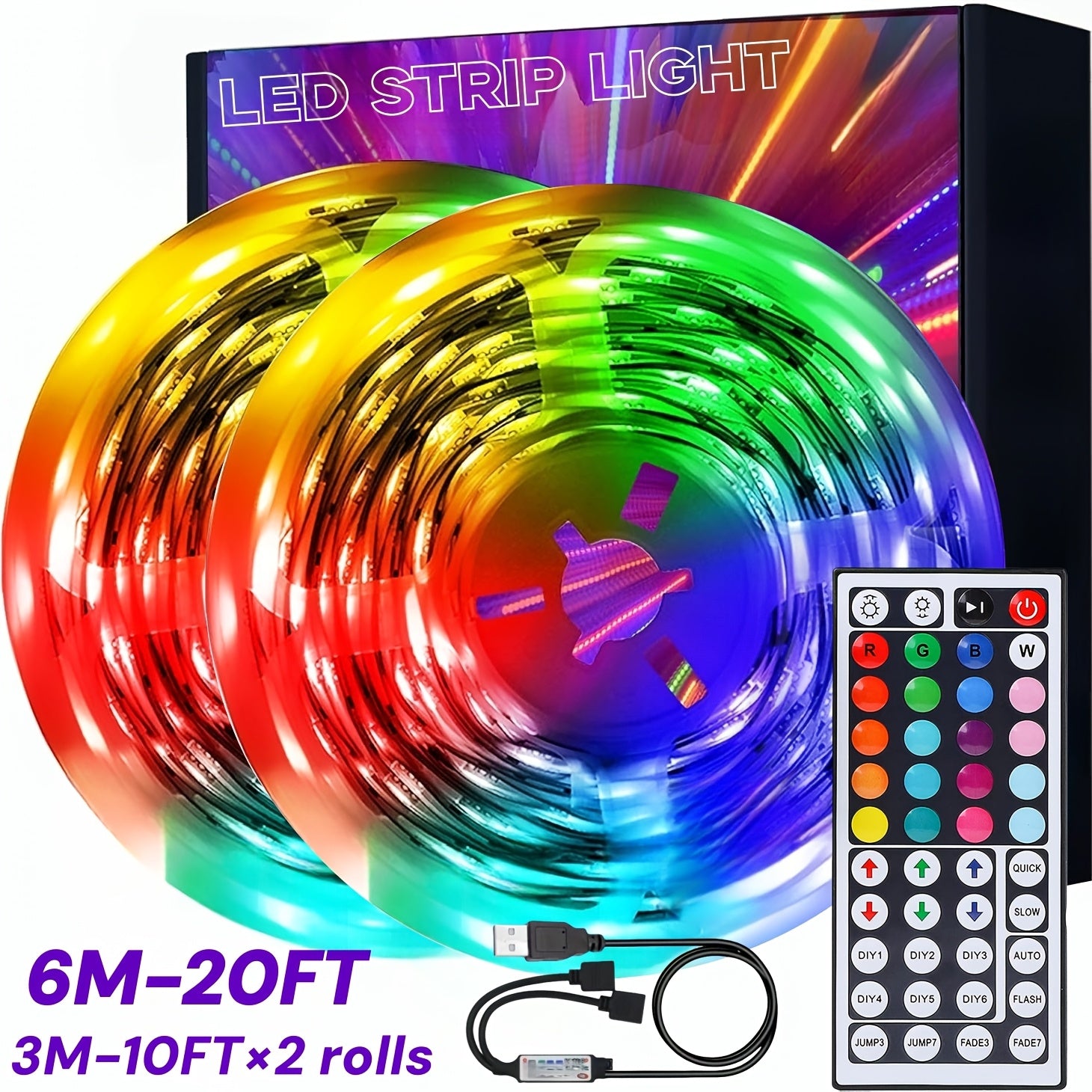 USB- RGB LED Strip Lights with Remote Control & Color-Changing Dimmable Backlight Suitable for TV, Bedroom, Party Decor, RGB Strips for Home Ambiance Lighting, Compatible for PC, Bookshelf, Ceiling Fan Wiring (No)