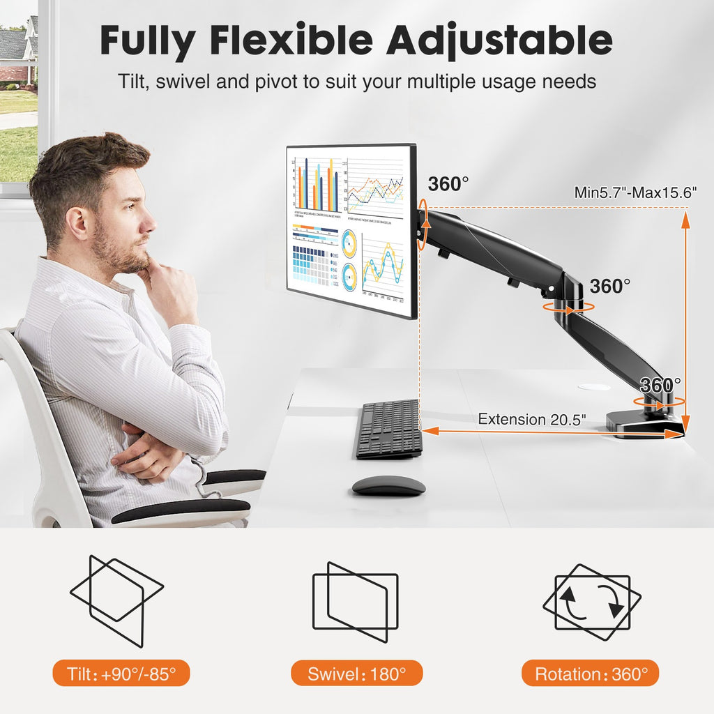 MCQ Ergonomic Single/Dual Monitor Desk Mount with Gas Spring Arm for 13-32 inch Screens, Holds up to 17.6lbs, Adjustable Height and 360 Swivel