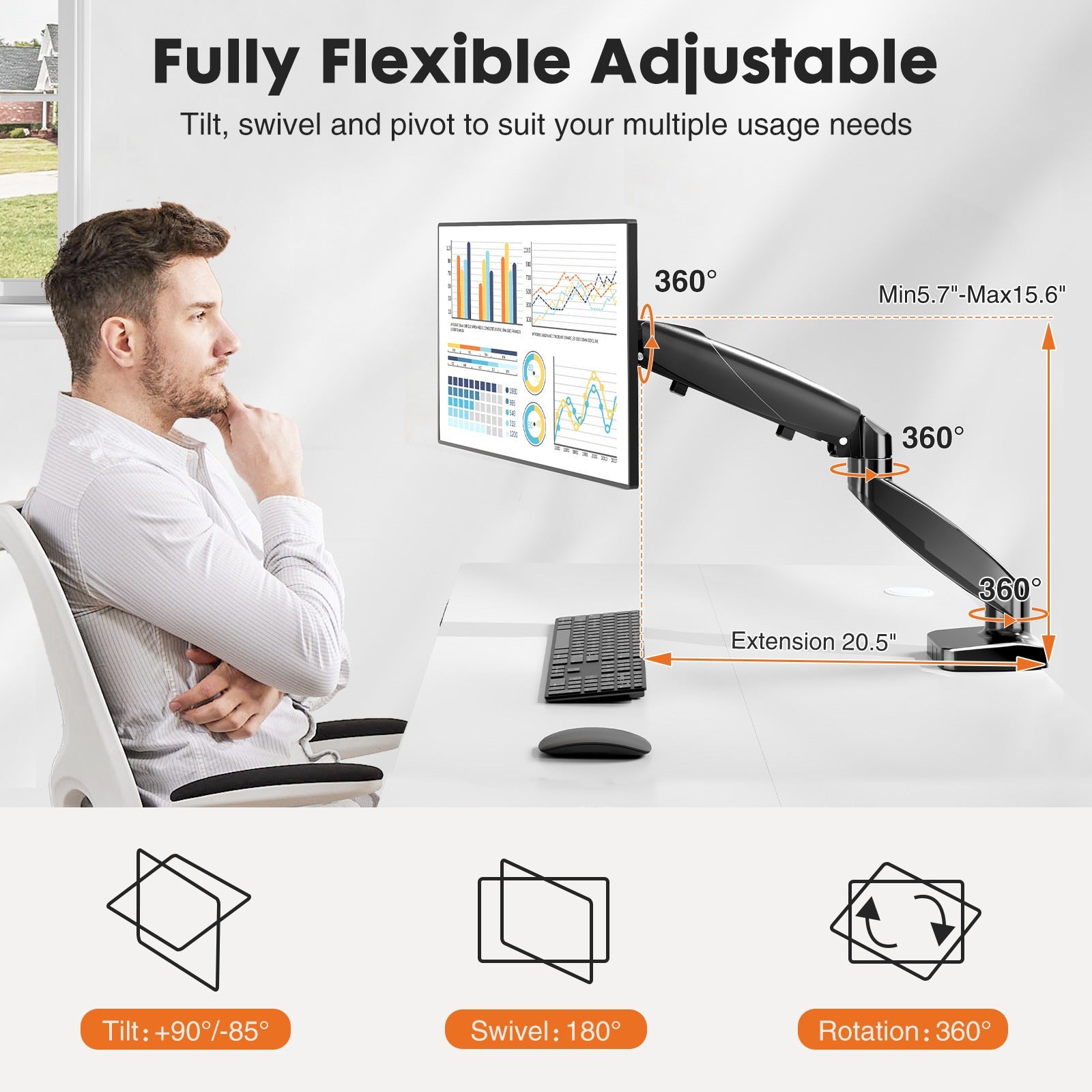 MCQ Ergonomic Single/Dual Monitor Desk Mount with Gas Spring Arm for 13-32 inch Screens, Holds up to 17.6lbs, Adjustable Height and 360 Swivel