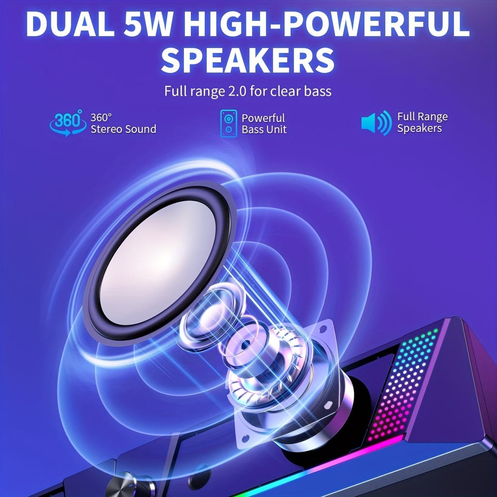 2 In 1 Computer Speakers, Wired PC Soundbar, Gaming Speakers For PC Computer Laptop Desktop, With Volume Control, Subwoofer, RGB Ambient Light, USB Powered Speaker With 3.5mm Aux (Only 2 Speakers Included, No Soundbar)